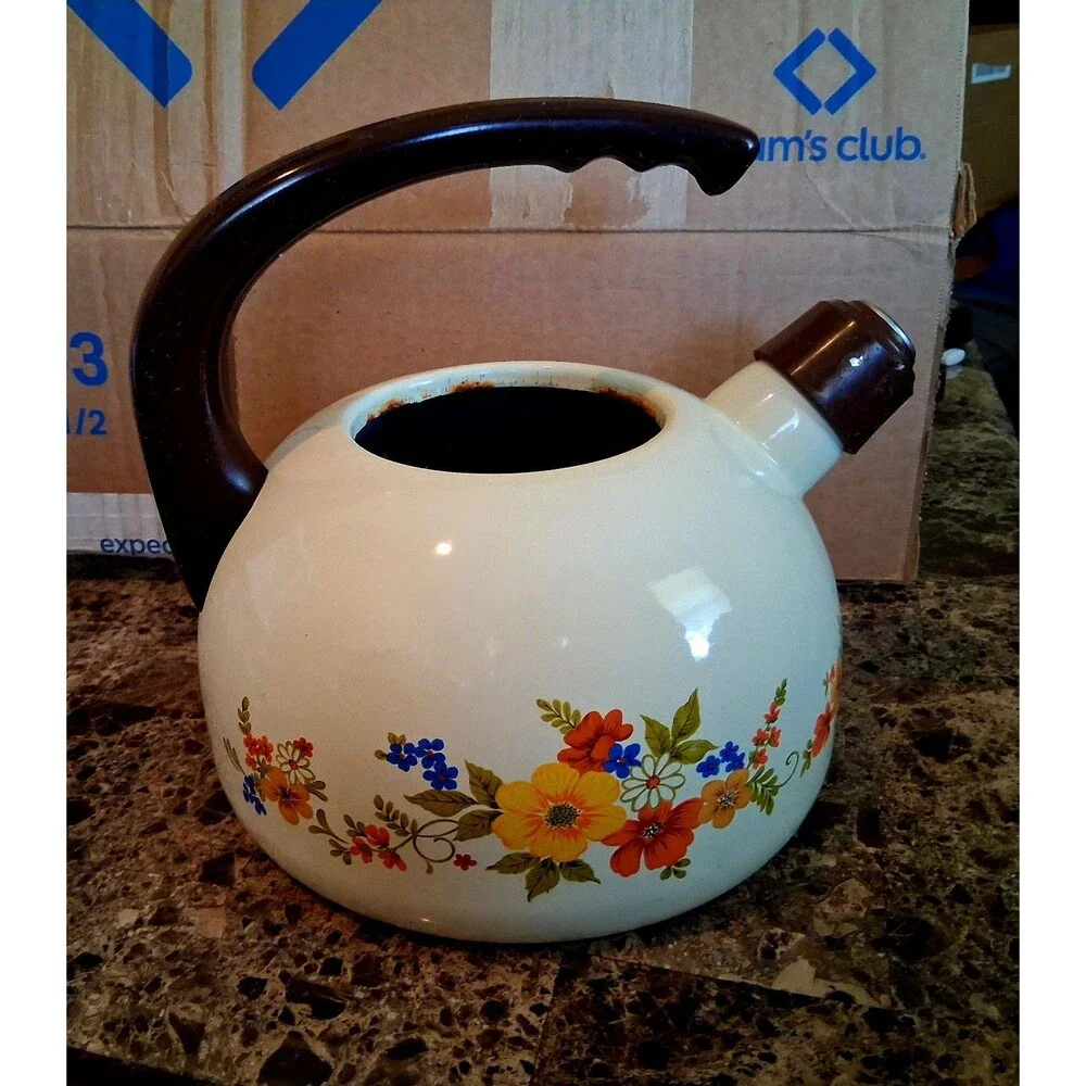 Vintage JPM Enamel Tea Pot Kettle LARGE Sweet Flowers Made In Spain RARE
